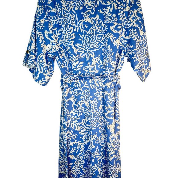 ZARA Large Blue & White Floral Belted Button-Down Midi Dress L Linen Blend Moroc - Picture 11 of 16